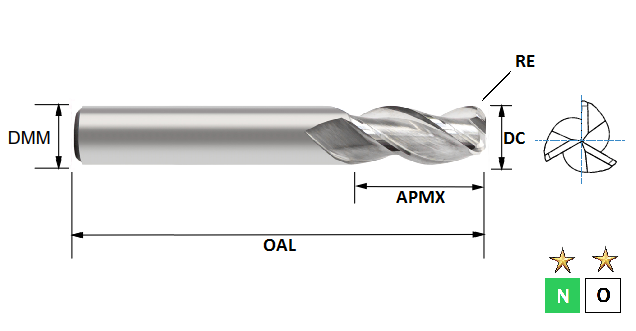 8.0mm 3 Flute (0.3mm Radius) Standard Length Mastermill AL-HPC Carbide Slot Drill